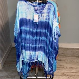 NWT Aqua Blue Tie Dye coverup with fringe